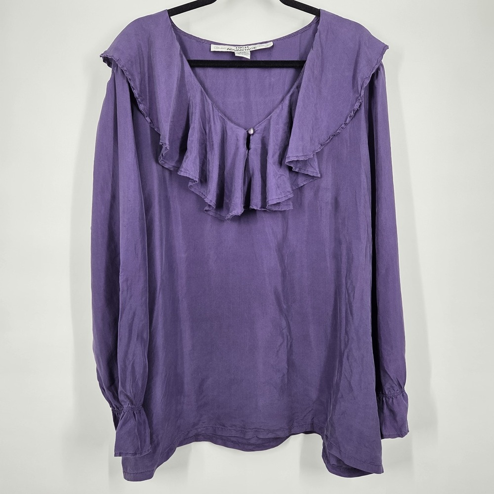 VTG High Advantage Button Ruffle Blouse Ruffle V-Neck 24 Silk Cottage Peasant
